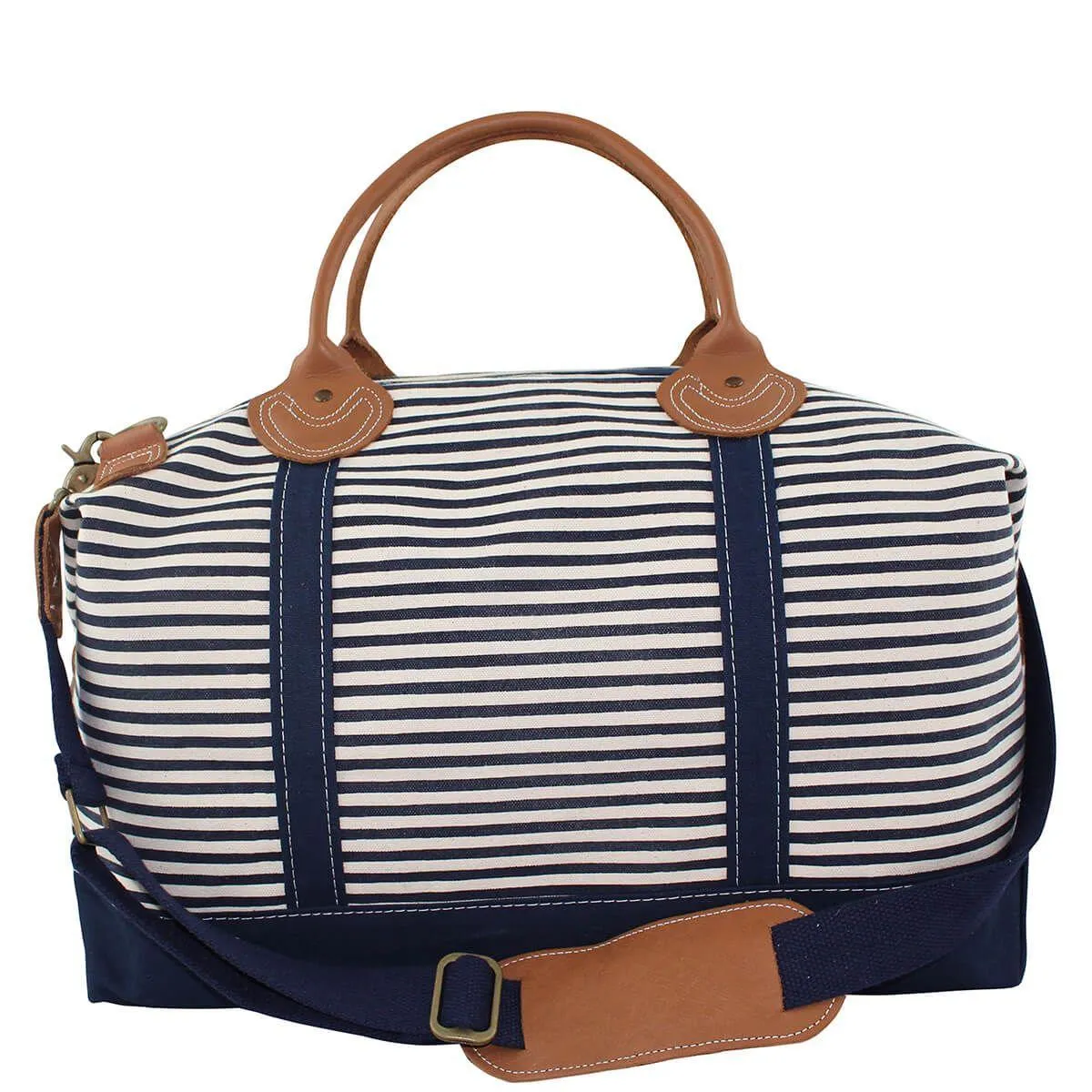 Monogrammed Striped Weekender Canvas Duffel Bag in Grey