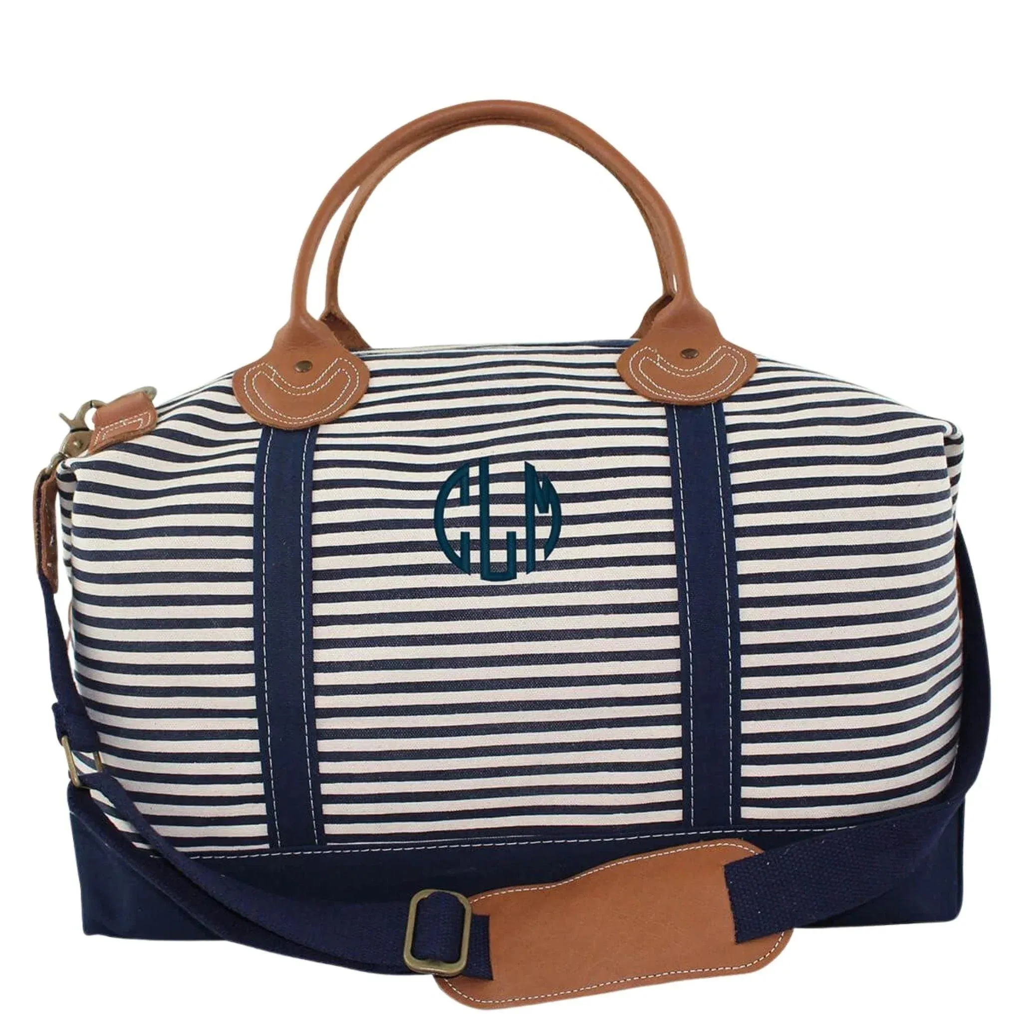 Monogrammed Striped Weekender Canvas Duffel Bag in Grey