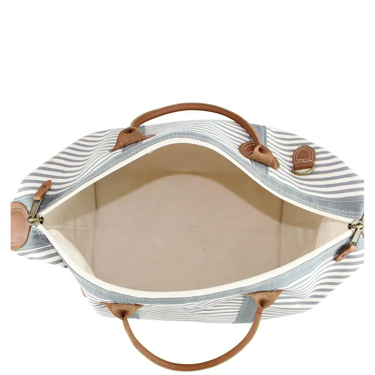 Monogrammed Striped Weekender Canvas Duffel Bag in Grey