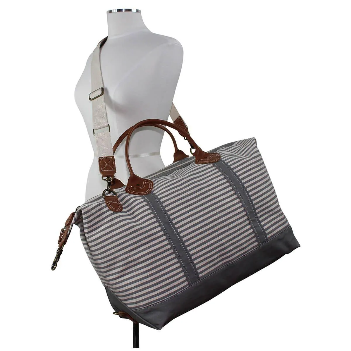 Monogrammed Striped Weekender Canvas Duffel Bag in Grey