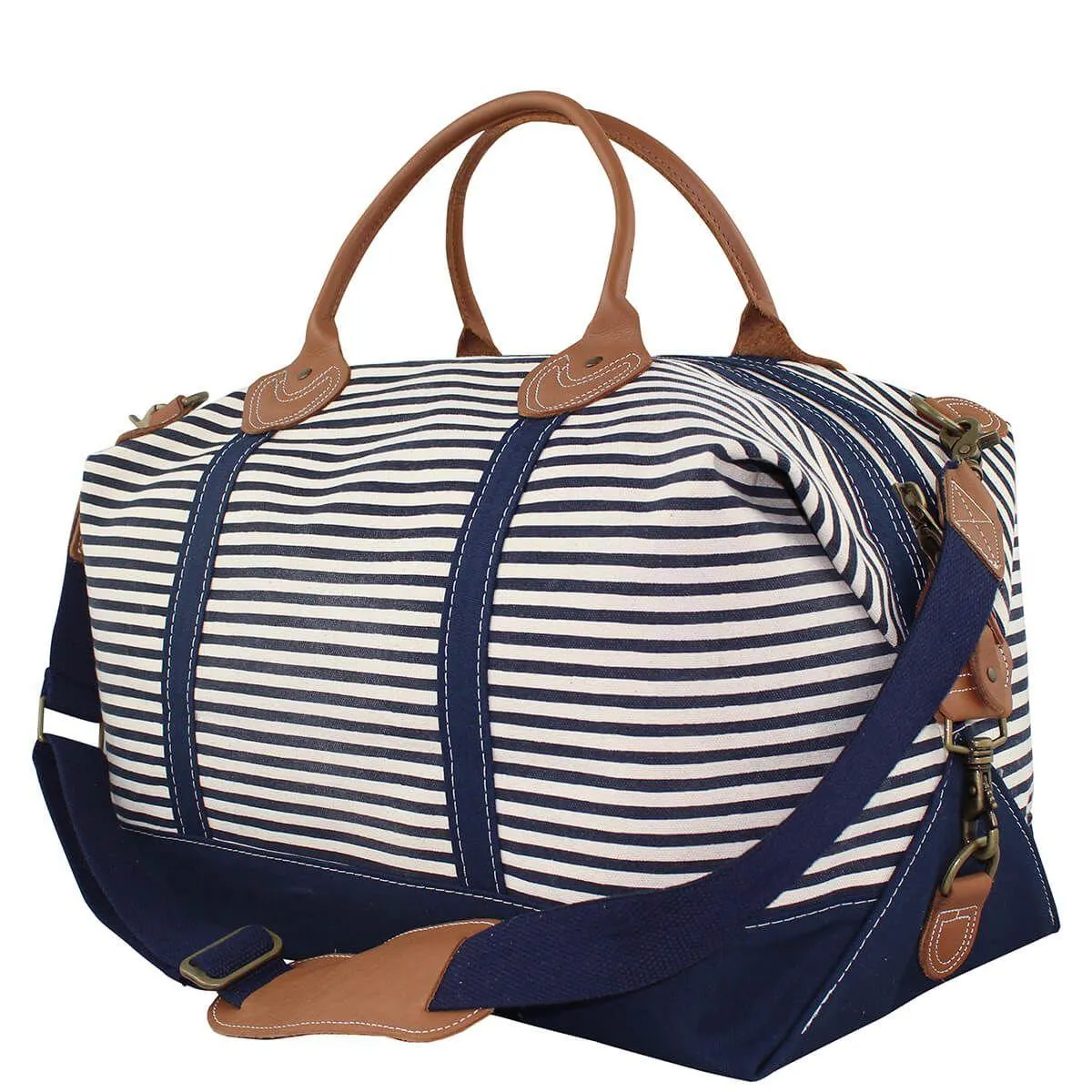 Monogrammed Striped Weekender Canvas Duffel Bag in Grey