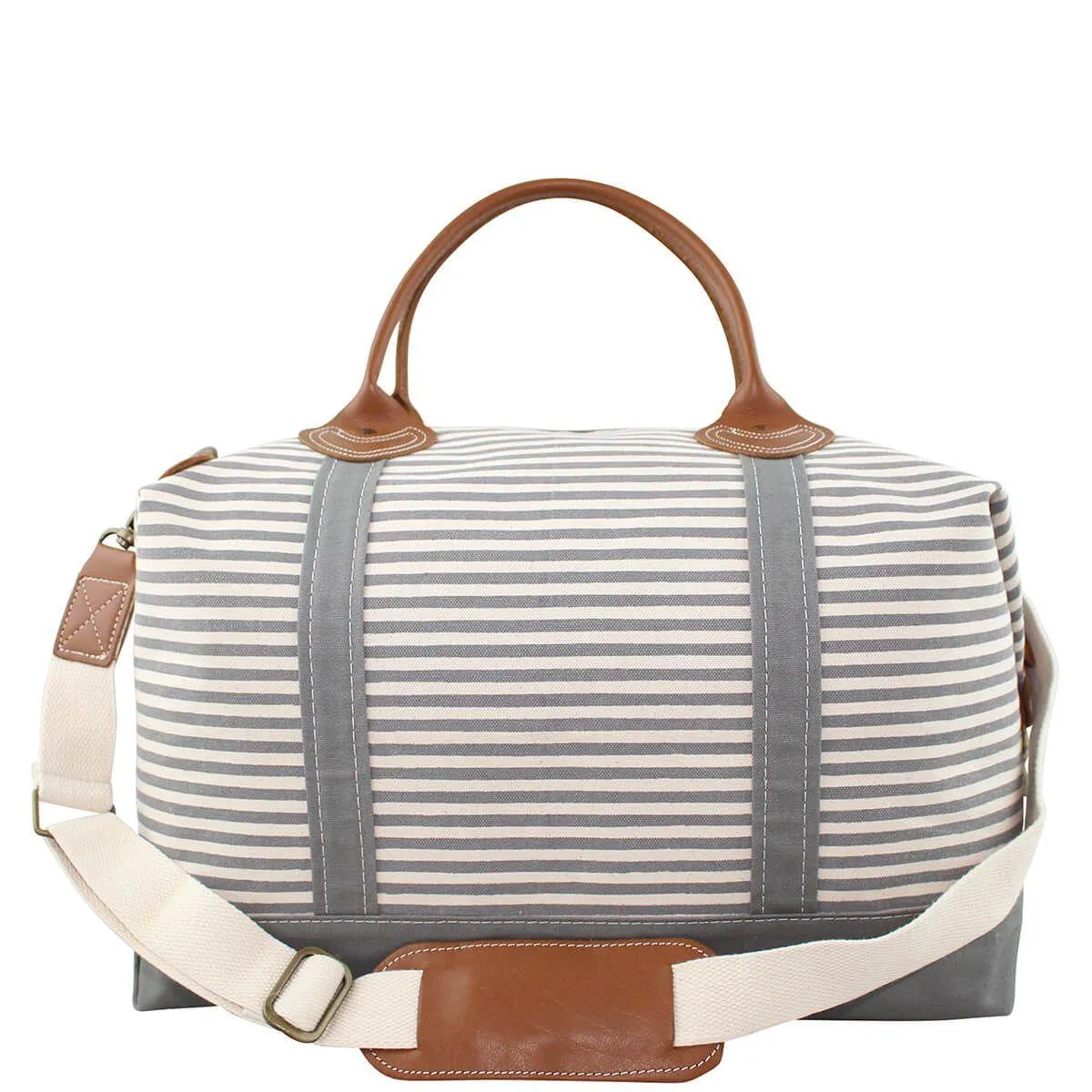 Monogrammed Striped Weekender Canvas Duffel Bag in Grey