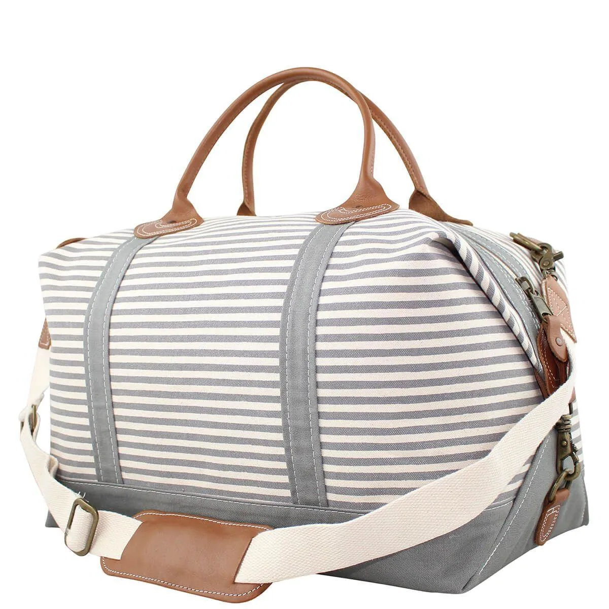 Monogrammed Striped Weekender Canvas Duffel Bag in Grey