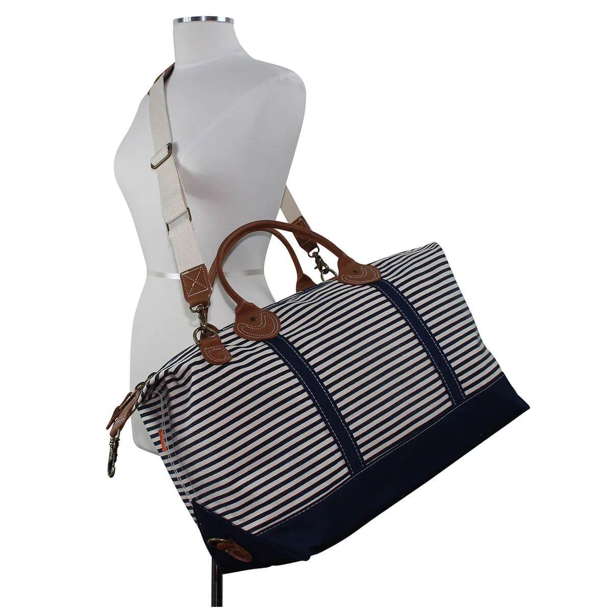 Monogrammed Striped Weekender Canvas Duffel Bag in Grey
