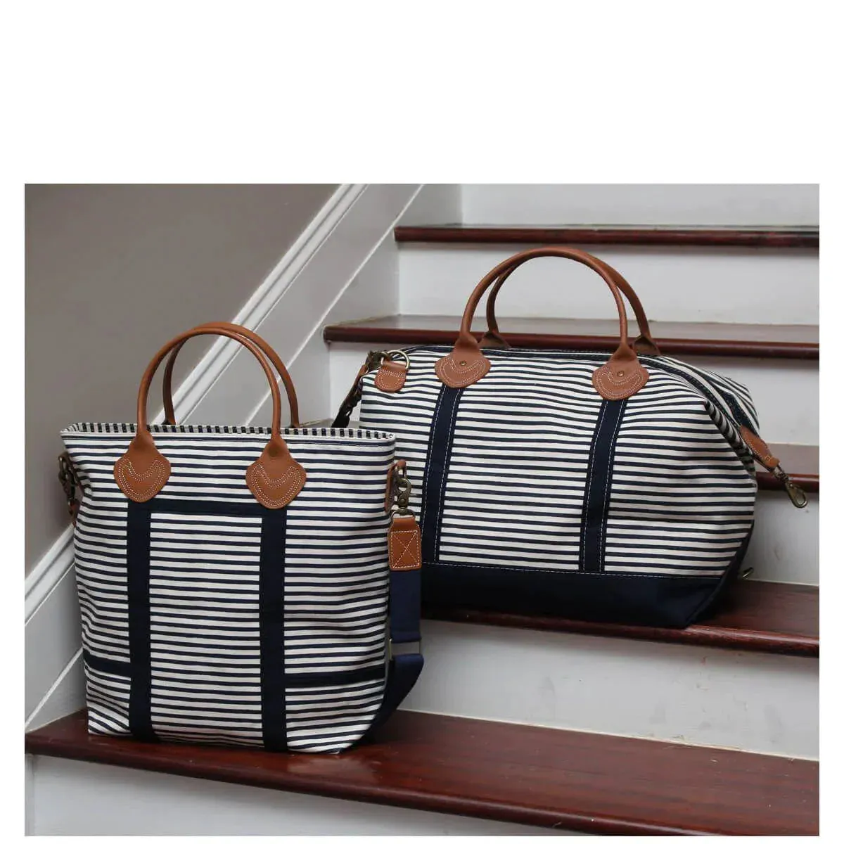 Monogrammed Striped Weekender Canvas Duffel Bag in Grey