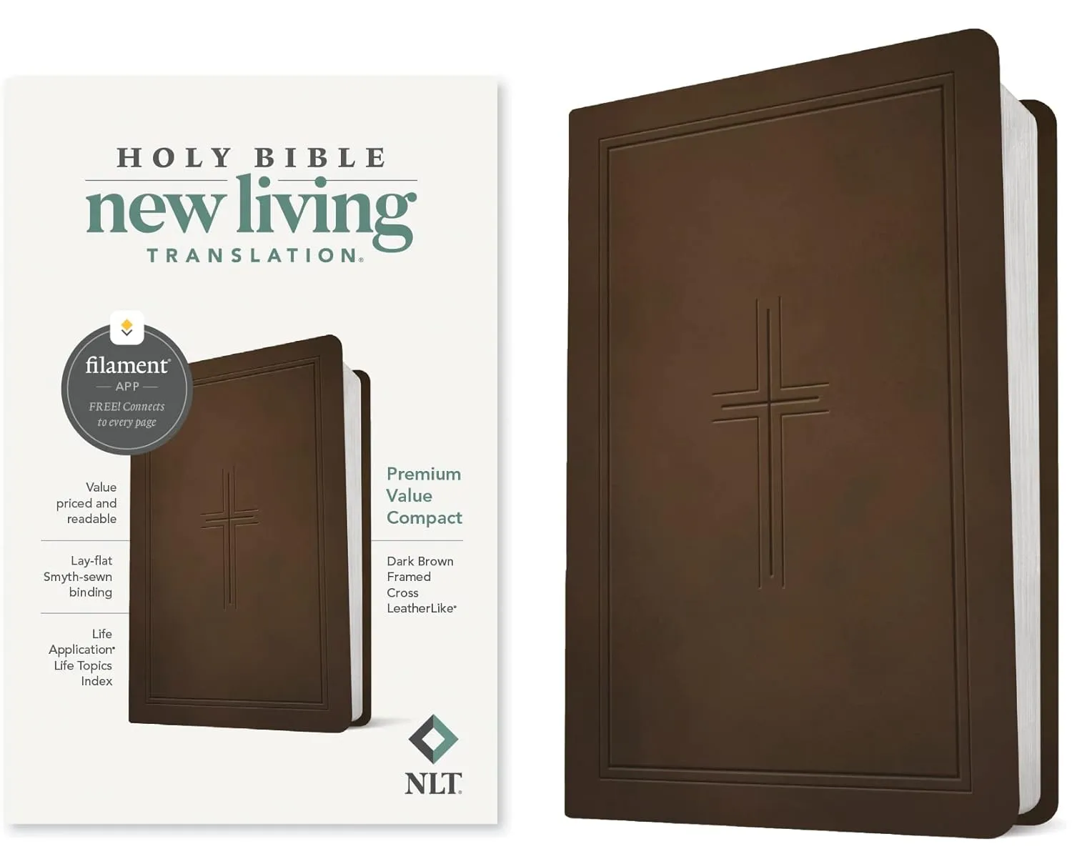 NLT Premium Value Compact Bible, Filament Enabled (LeatherLike, Dark Brown Framed Cross) Imitation Leather  June 6, 2023
