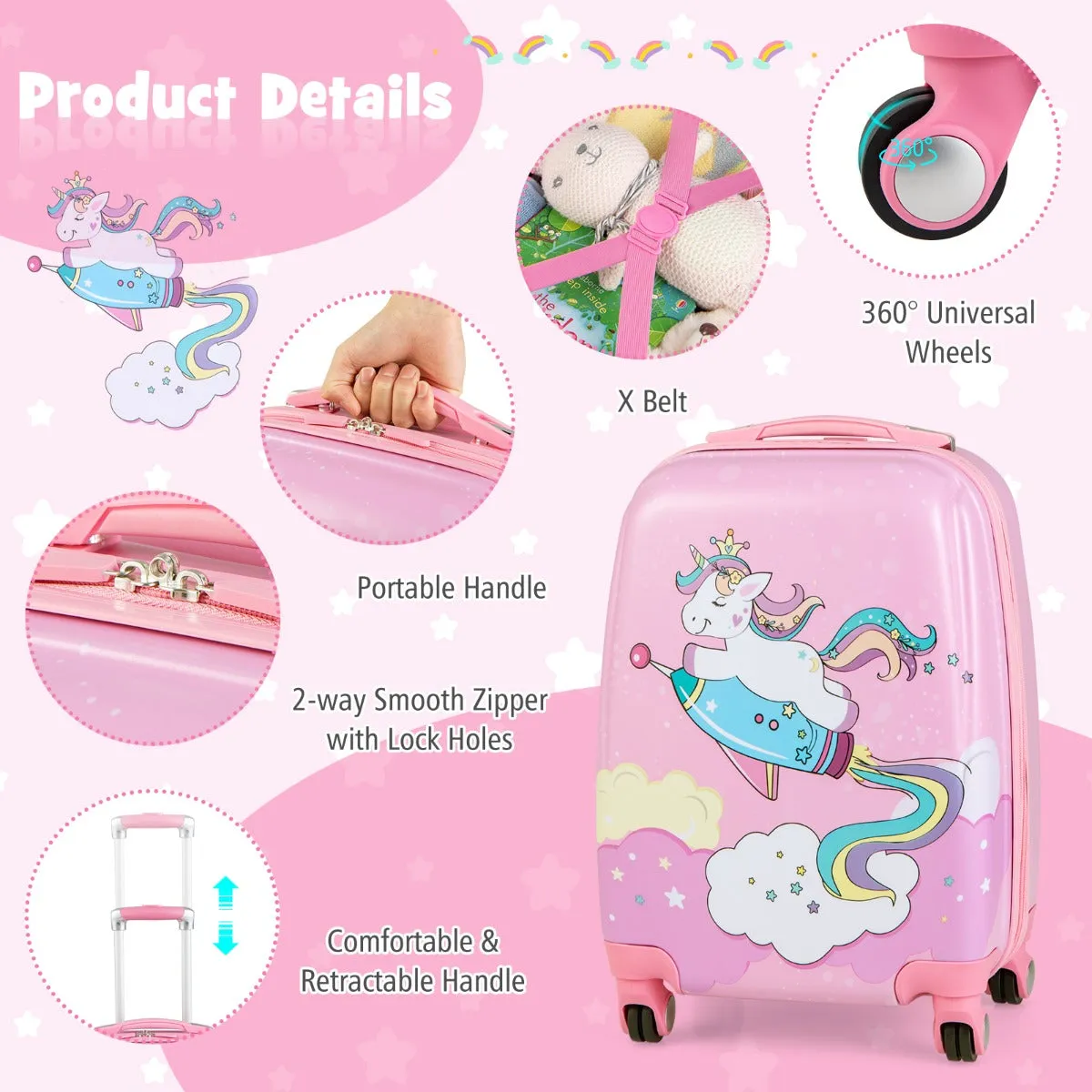NNECW Hardside Rolling Suitcase with Spinner Wheels &amp Retractable Handle-Pink