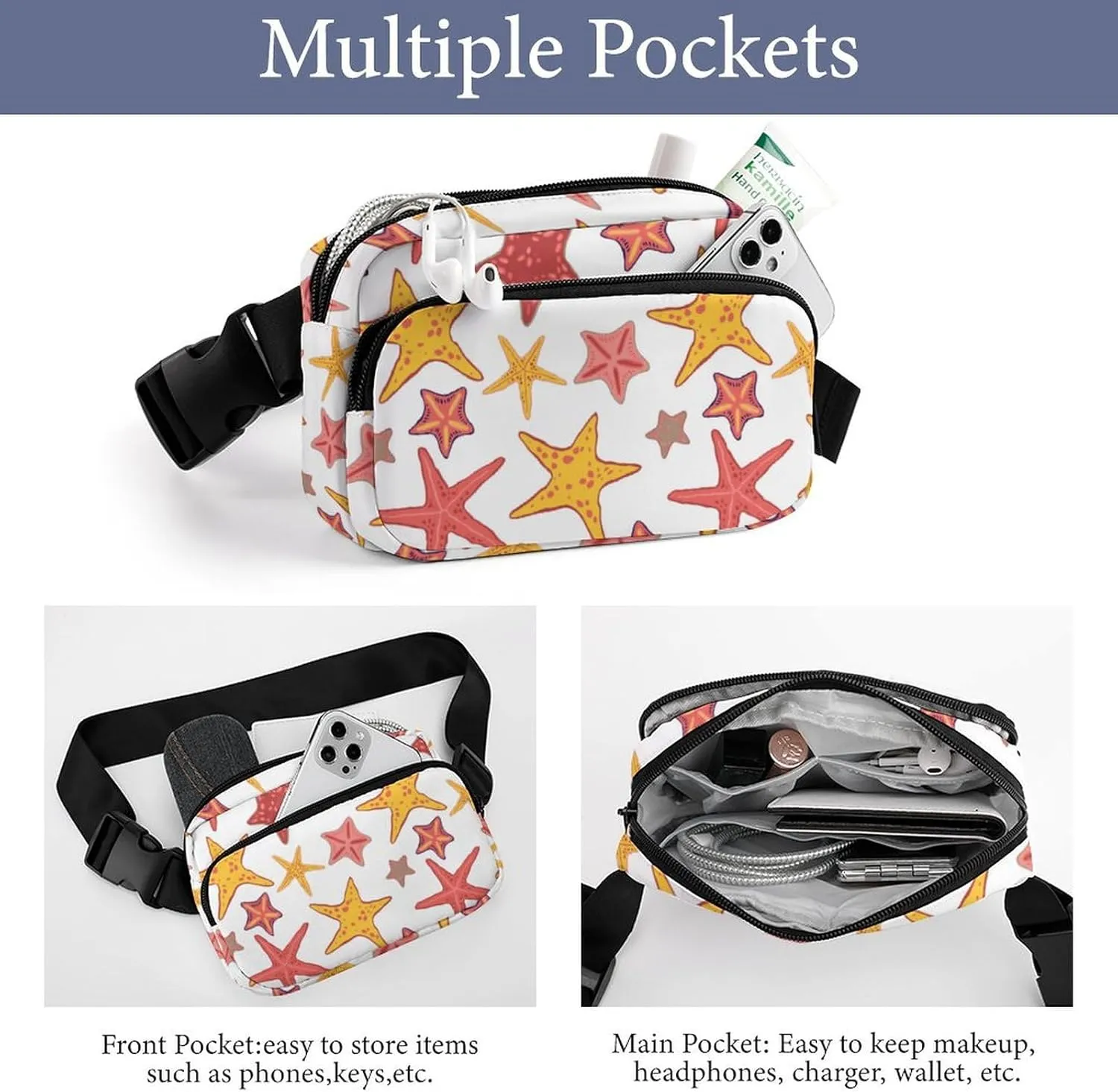 Red Yellow Starfish Belt Bag Fanny Pack Crossbody Lovely Pattern Fashion Waist Packs With Adjustable Strap For Men Women Travel Hiking Cycling Running