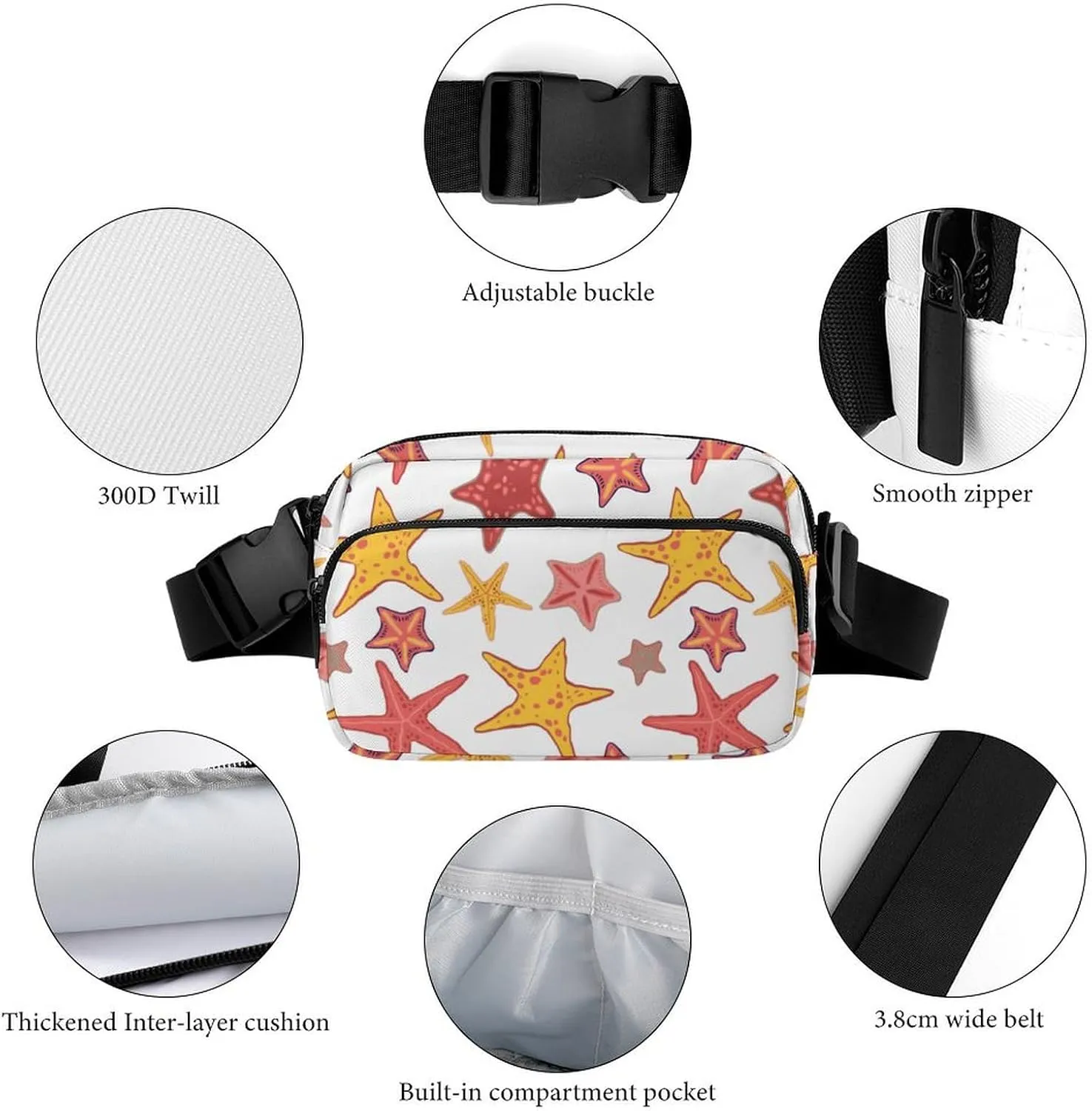 Red Yellow Starfish Belt Bag Fanny Pack Crossbody Lovely Pattern Fashion Waist Packs With Adjustable Strap For Men Women Travel Hiking Cycling Running