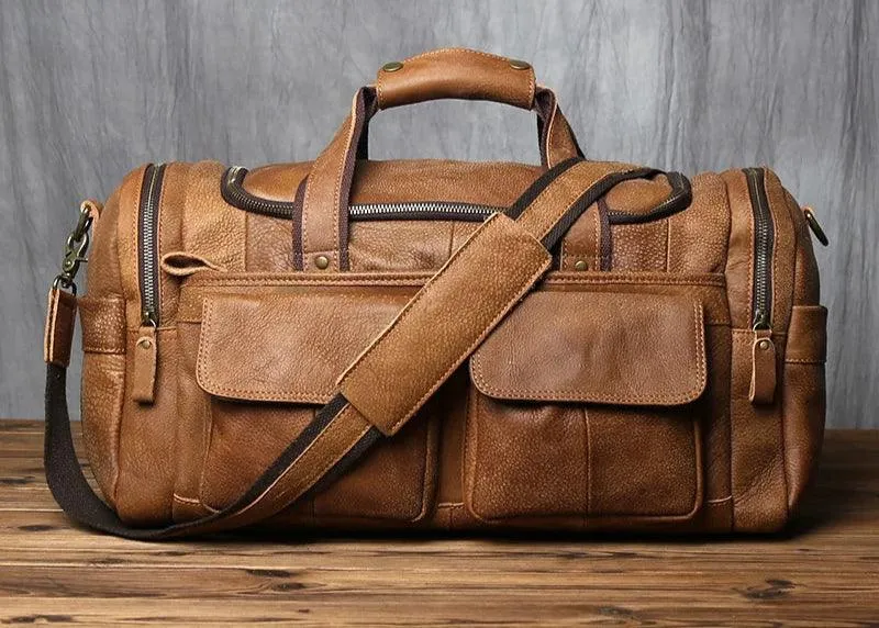 Retro Men's Genuine Leather Travel Duffel Bag – Large Capacity Hand Luggage & Messenger Bag