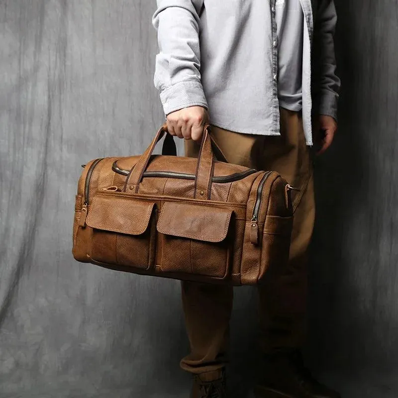 Retro Men's Genuine Leather Travel Duffel Bag – Large Capacity Hand Luggage & Messenger Bag