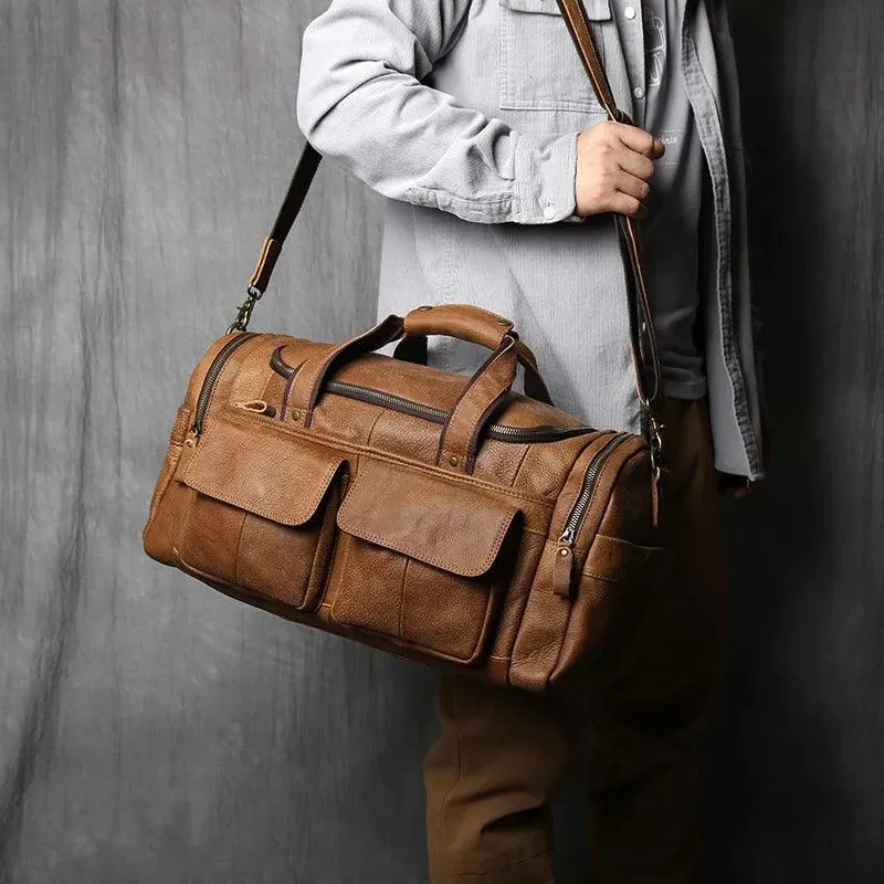 Retro Men's Genuine Leather Travel Duffel Bag – Large Capacity Hand Luggage & Messenger Bag