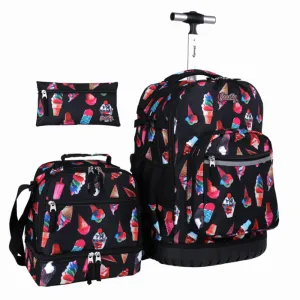 Seastig Black Ice Cream 18 inch Rolling Backpack for Kids with Lunch Bag and Pencil Case Set
