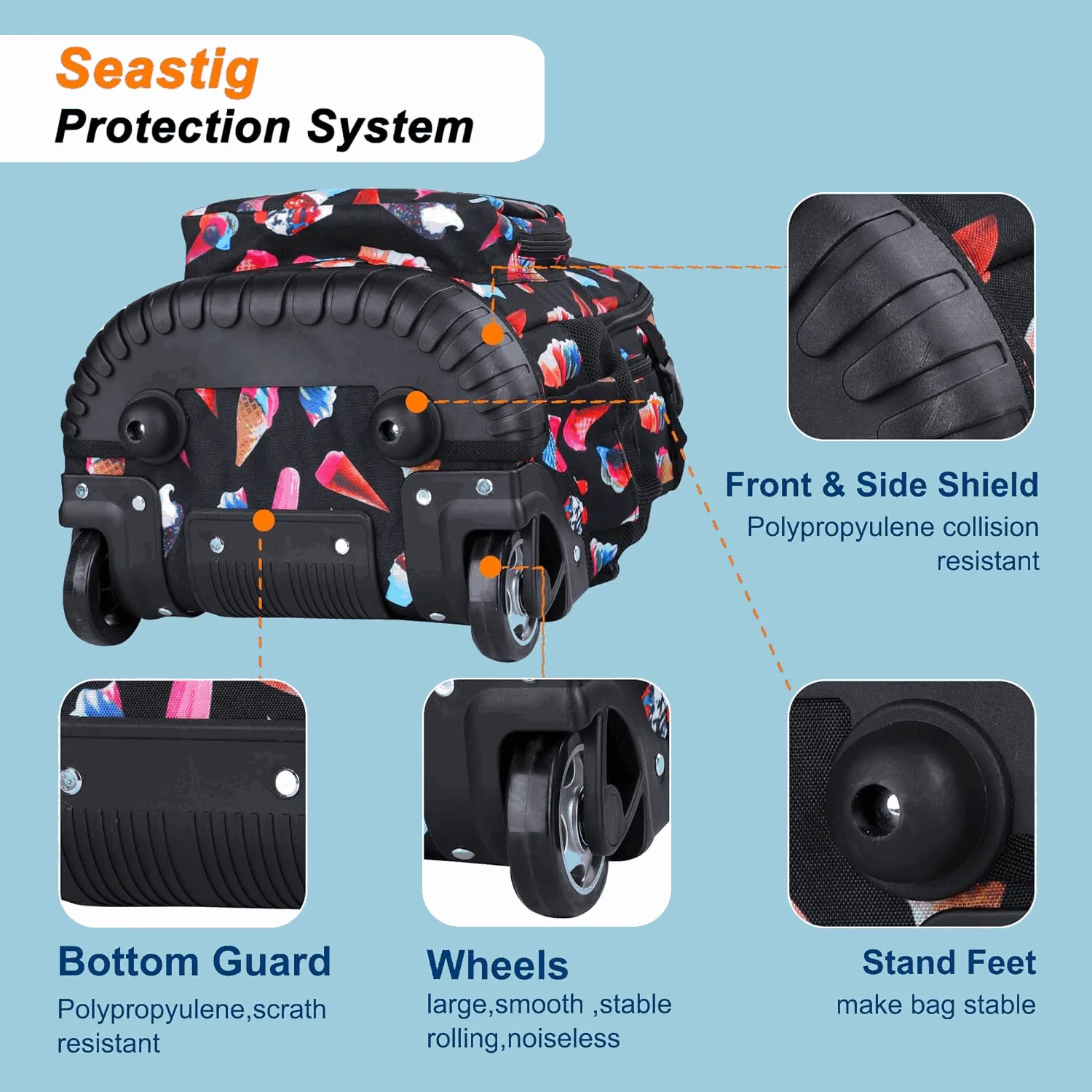 Seastig Black Ice Cream 18 inch Rolling Backpack for Kids with Lunch Bag and Pencil Case Set