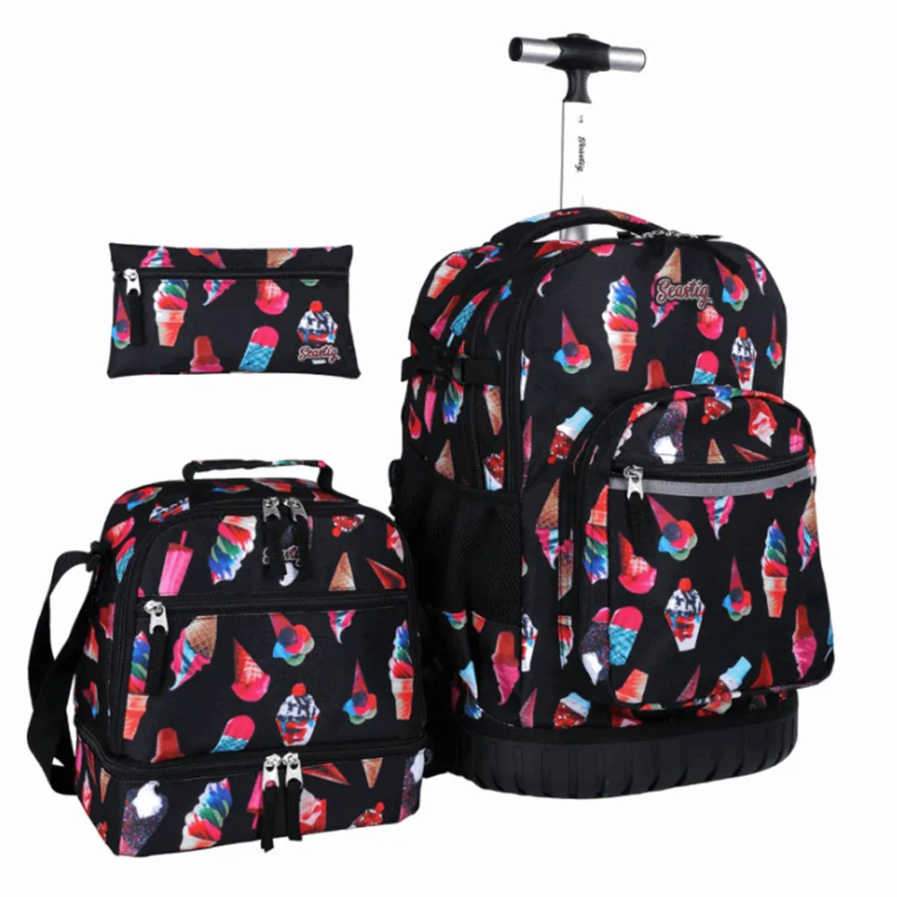 Seastig Black Ice Cream 18 inch Rolling Backpack for Kids with Lunch Bag and Pencil Case Set