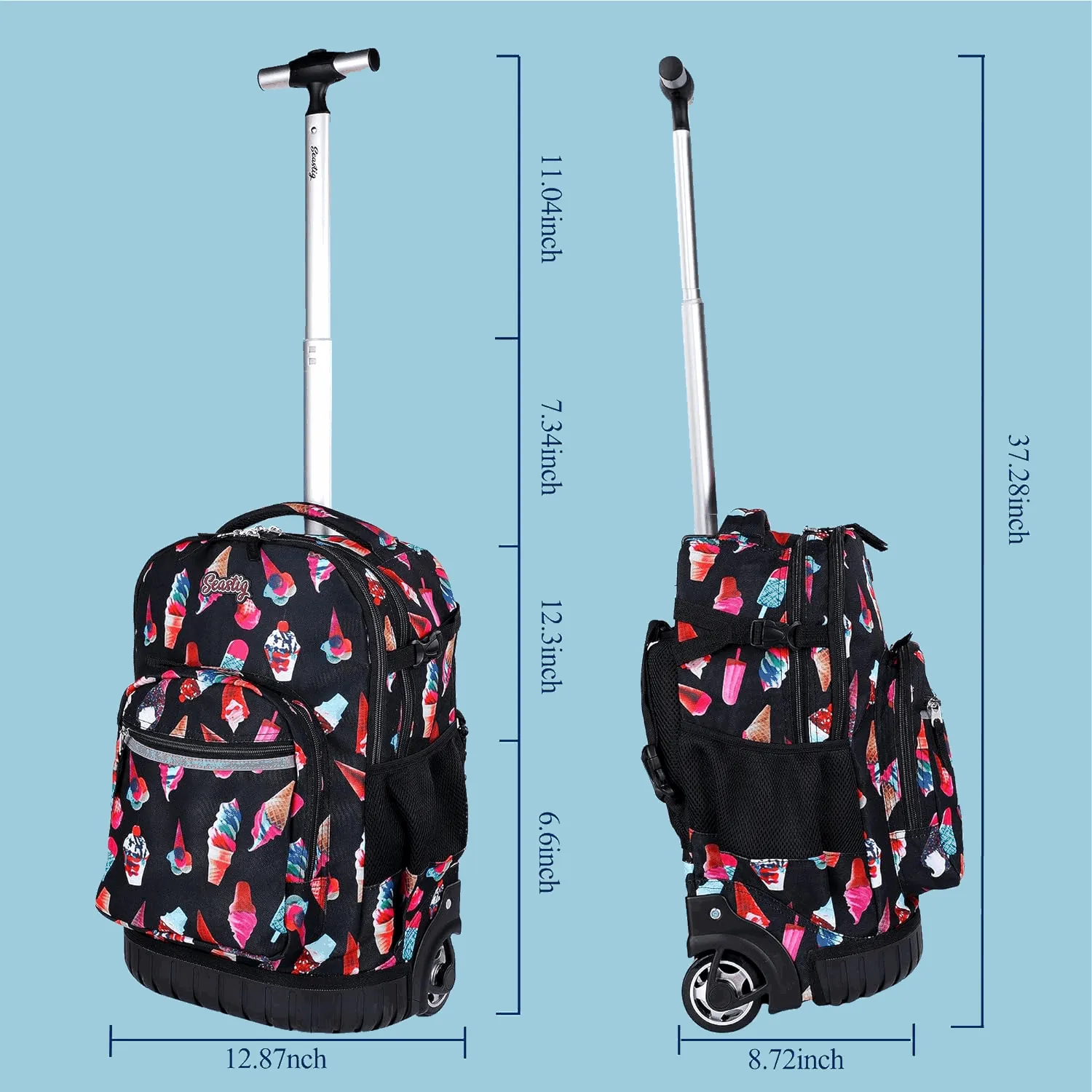 Seastig Black Ice Cream 18 inch Rolling Backpack for Kids with Lunch Bag and Pencil Case Set