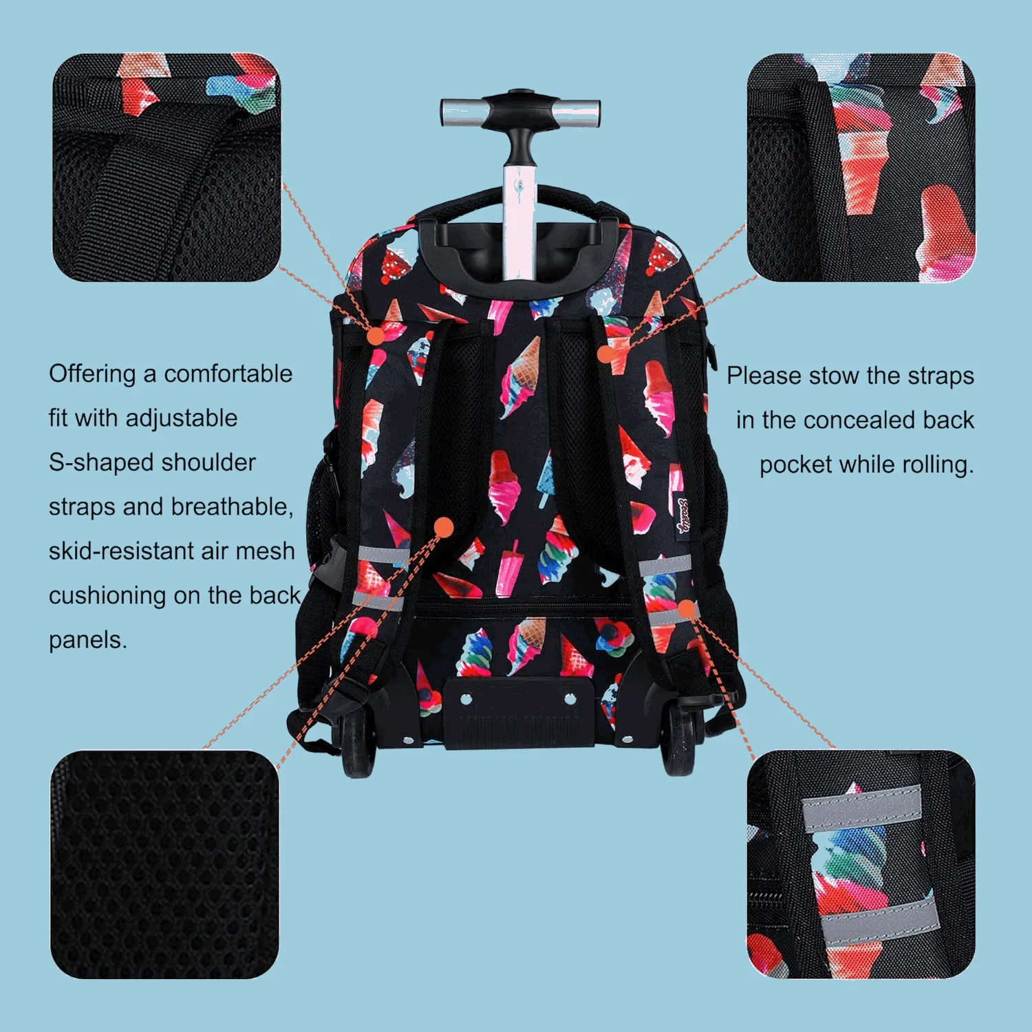 Seastig Black Ice Cream 18 inch Rolling Backpack for Kids with Lunch Bag and Pencil Case Set