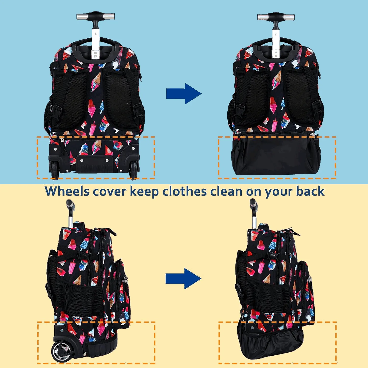 Seastig Black Ice Cream 18 inch Rolling Backpack for Kids with Lunch Bag and Pencil Case Set