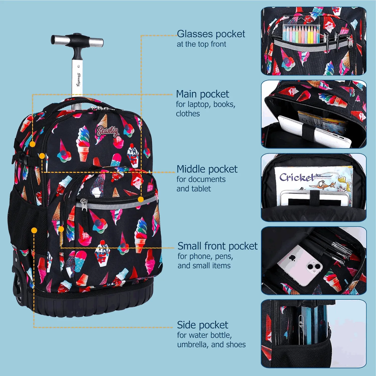 Seastig Black Ice Cream 18 inch Rolling Backpack for Kids with Lunch Bag and Pencil Case Set