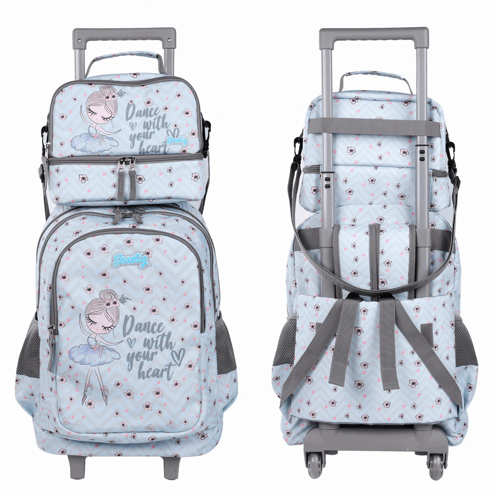 Seastig Blue Barbie 18 inch Double Handle Rolling Backpack for Kids with Lunch Bag and Pencil Case Set