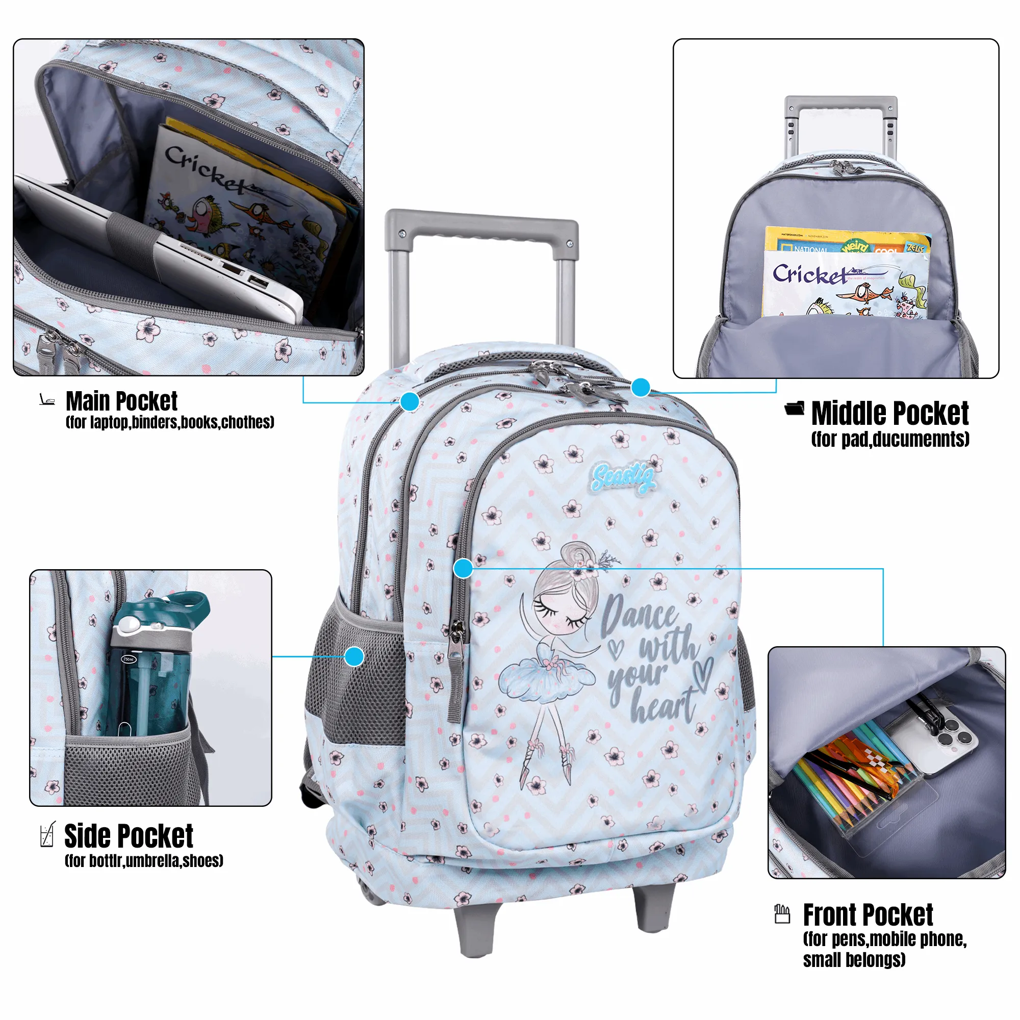 Seastig Blue Barbie 18 inch Double Handle Rolling Backpack for Kids with Lunch Bag and Pencil Case Set