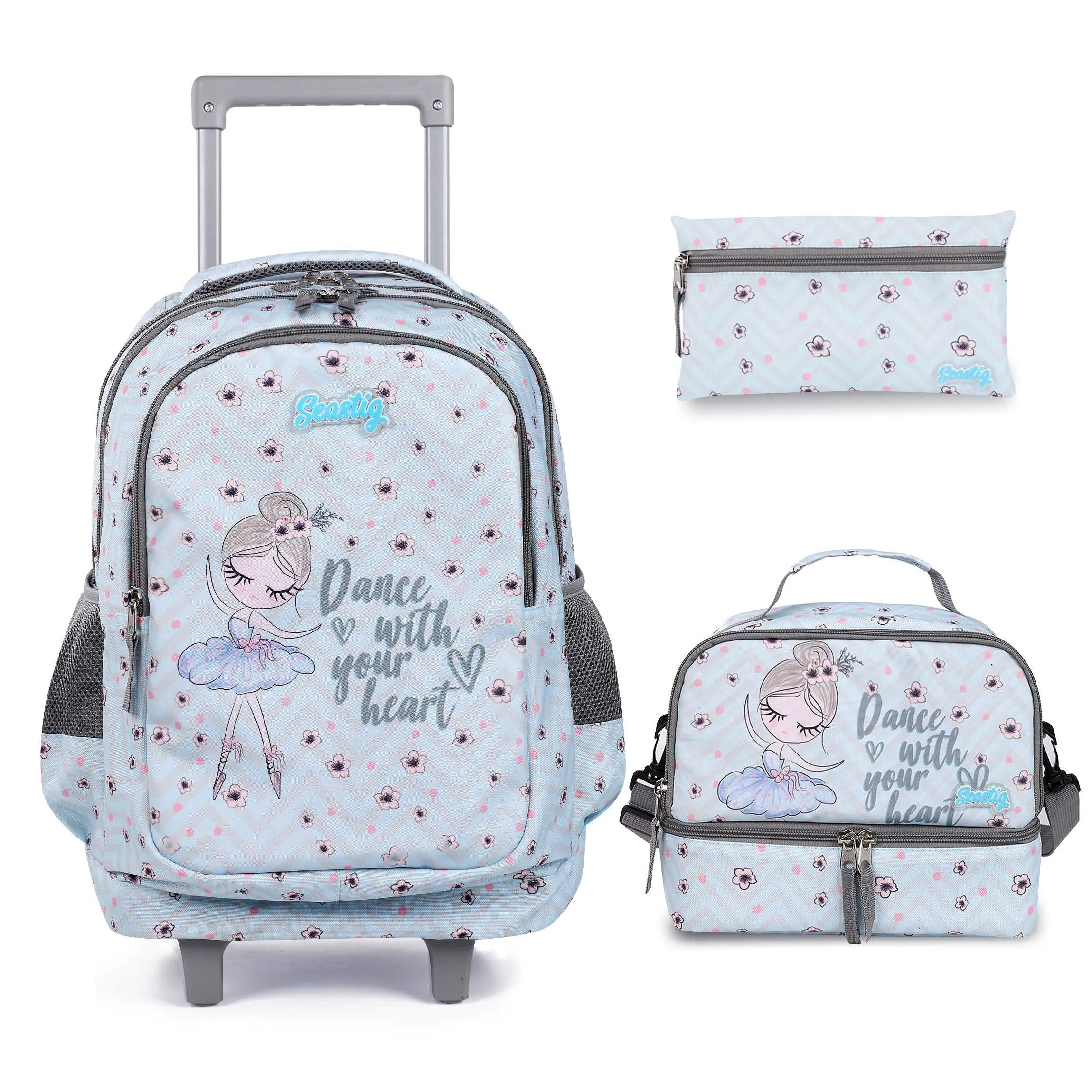Seastig Blue Barbie 18 inch Double Handle Rolling Backpack for Kids with Lunch Bag and Pencil Case Set
