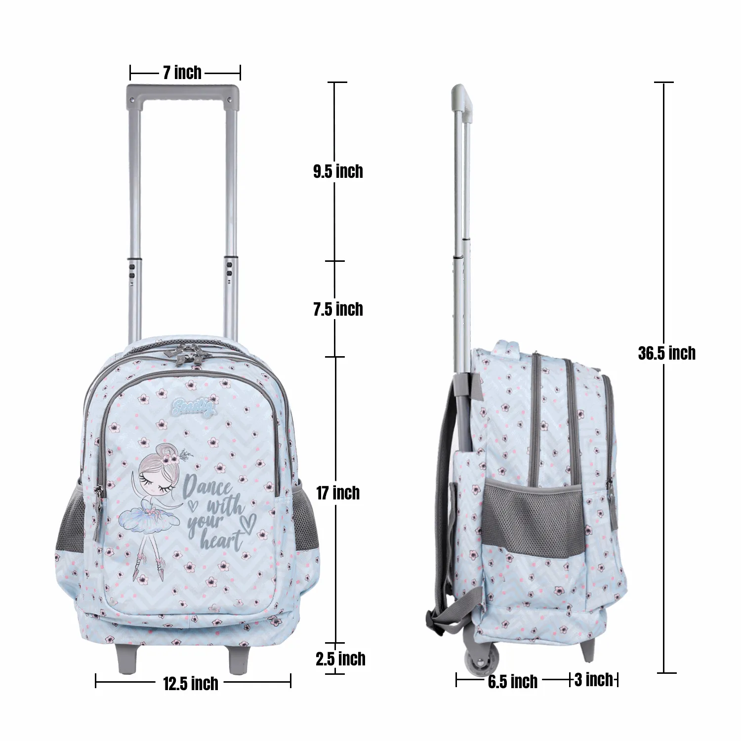 Seastig Blue Barbie 18 inch Double Handle Rolling Backpack for Kids with Lunch Bag and Pencil Case Set