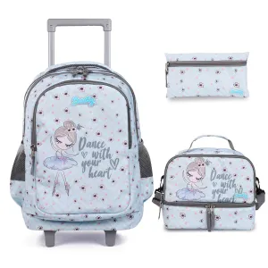 Seastig Blue Barbie 18 inch Double Handle Rolling Backpack for Kids with Lunch Bag and Pencil Case Set