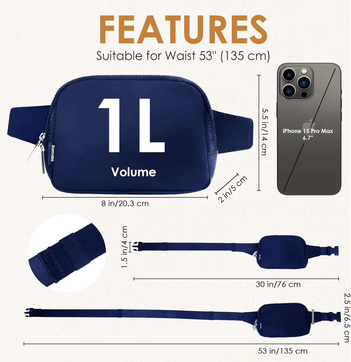 Small Fanny Pack 1L with 2-way Zipper for Women Girls Boys Teen, Mini Belt Bag with Adjustable Strap 53", Crossbody Bag for Travel Gym Running Hiking Cycling, Fashion Waist Bag Dark Blue
