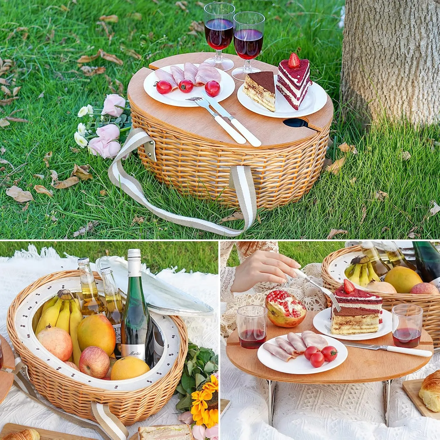 STBoo Picnic Basket for 2 - Wicker Picnic Set with Wine Table | Willow Basket Kit with Insulated Cooler Bag for Camping, Outdoor, Christmas, Party(Beige)