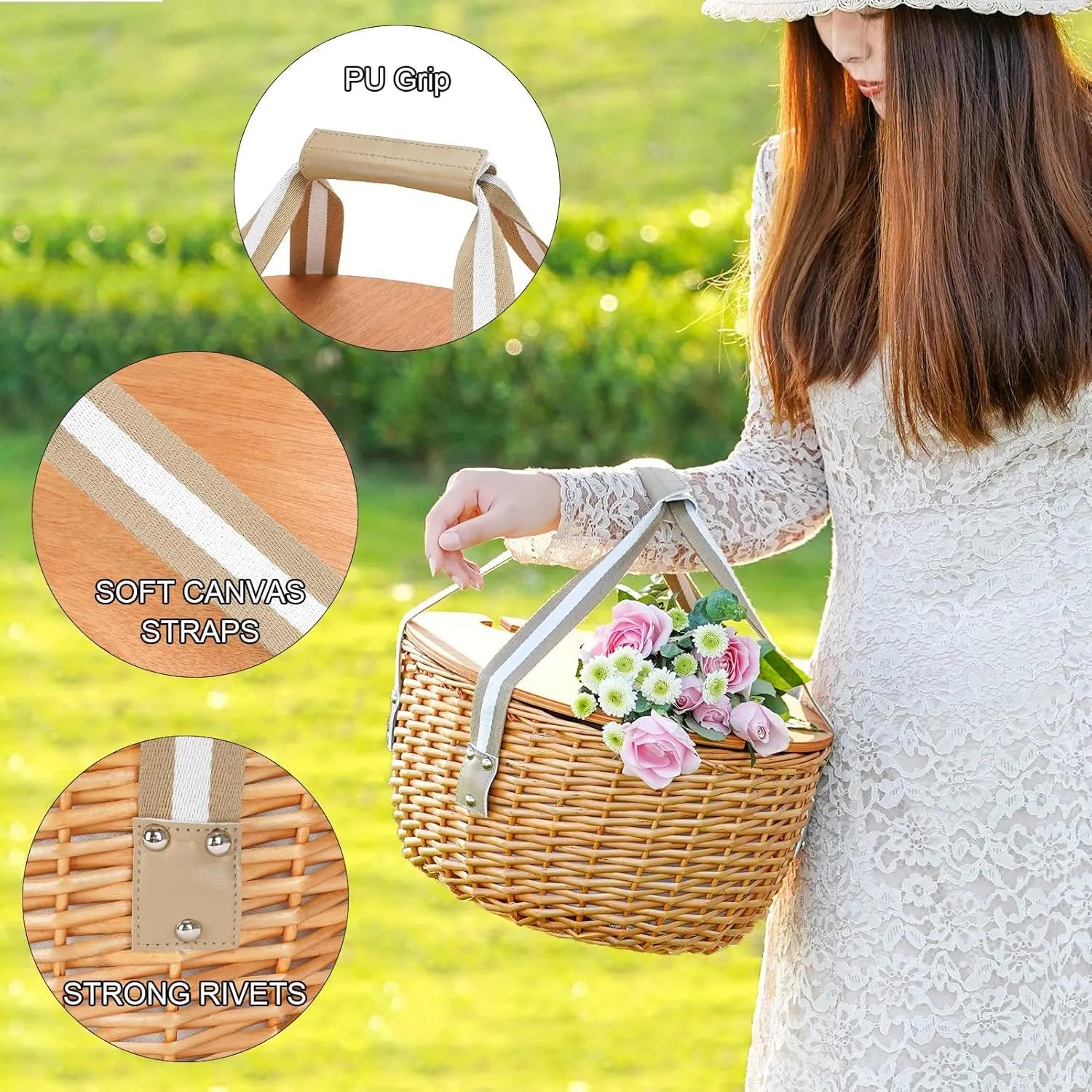 STBoo Picnic Basket for 2 - Wicker Picnic Set with Wine Table | Willow Basket Kit with Insulated Cooler Bag for Camping, Outdoor, Christmas, Party(Beige)