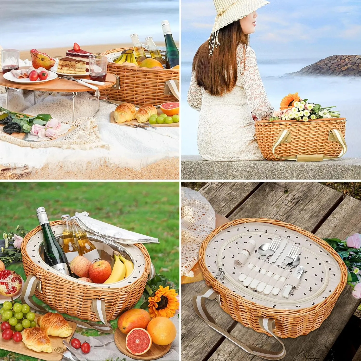 STBoo Picnic Basket for 2 - Wicker Picnic Set with Wine Table | Willow Basket Kit with Insulated Cooler Bag for Camping, Outdoor, Christmas, Party(Beige)