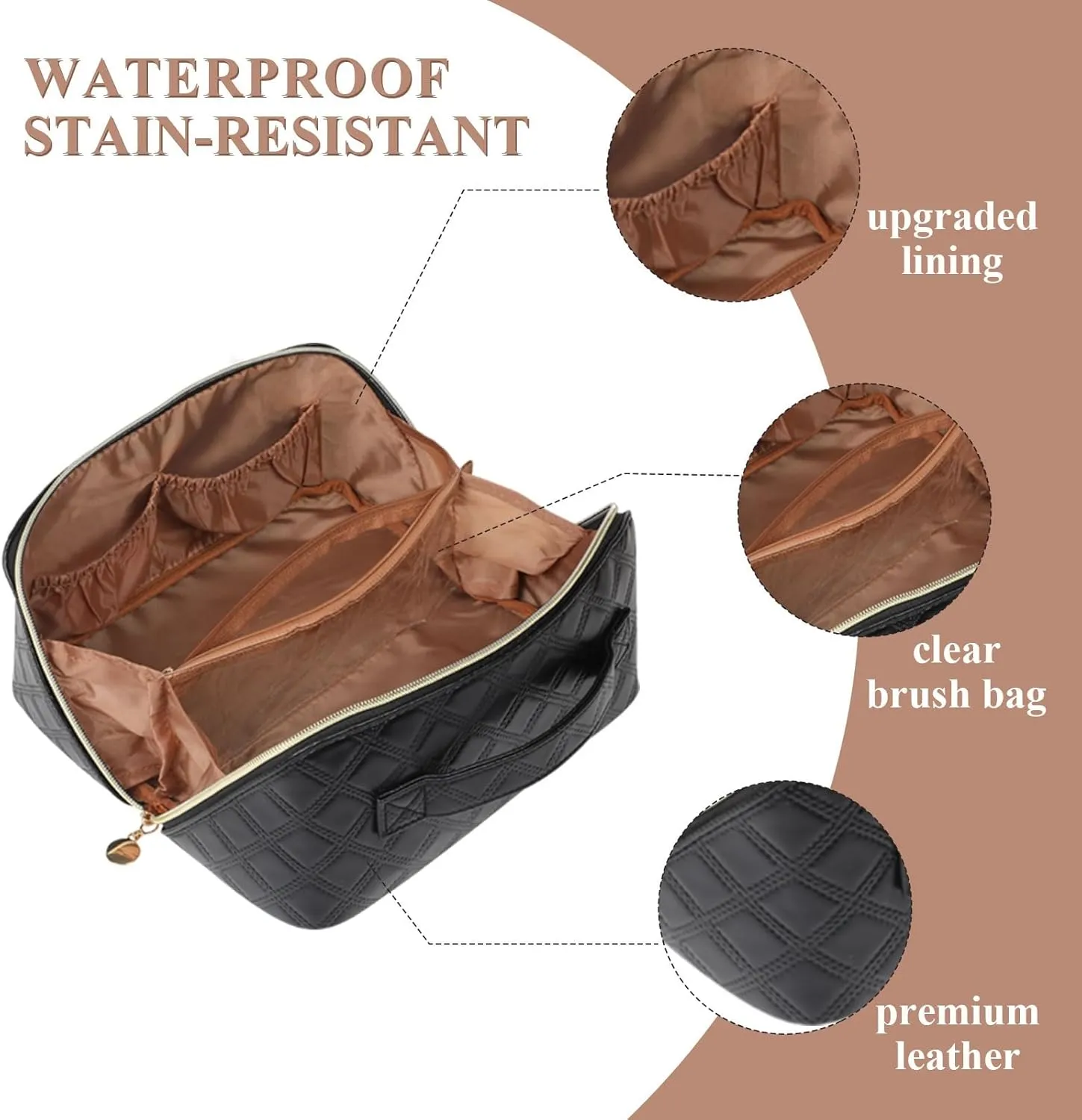 STYLIFING Travel Cosmetic Bag Large Capacity Makeup Bag for Women Portable Makeup Organizer Waterproof Leather Make Up Bag with Compartments and Handle (Black)