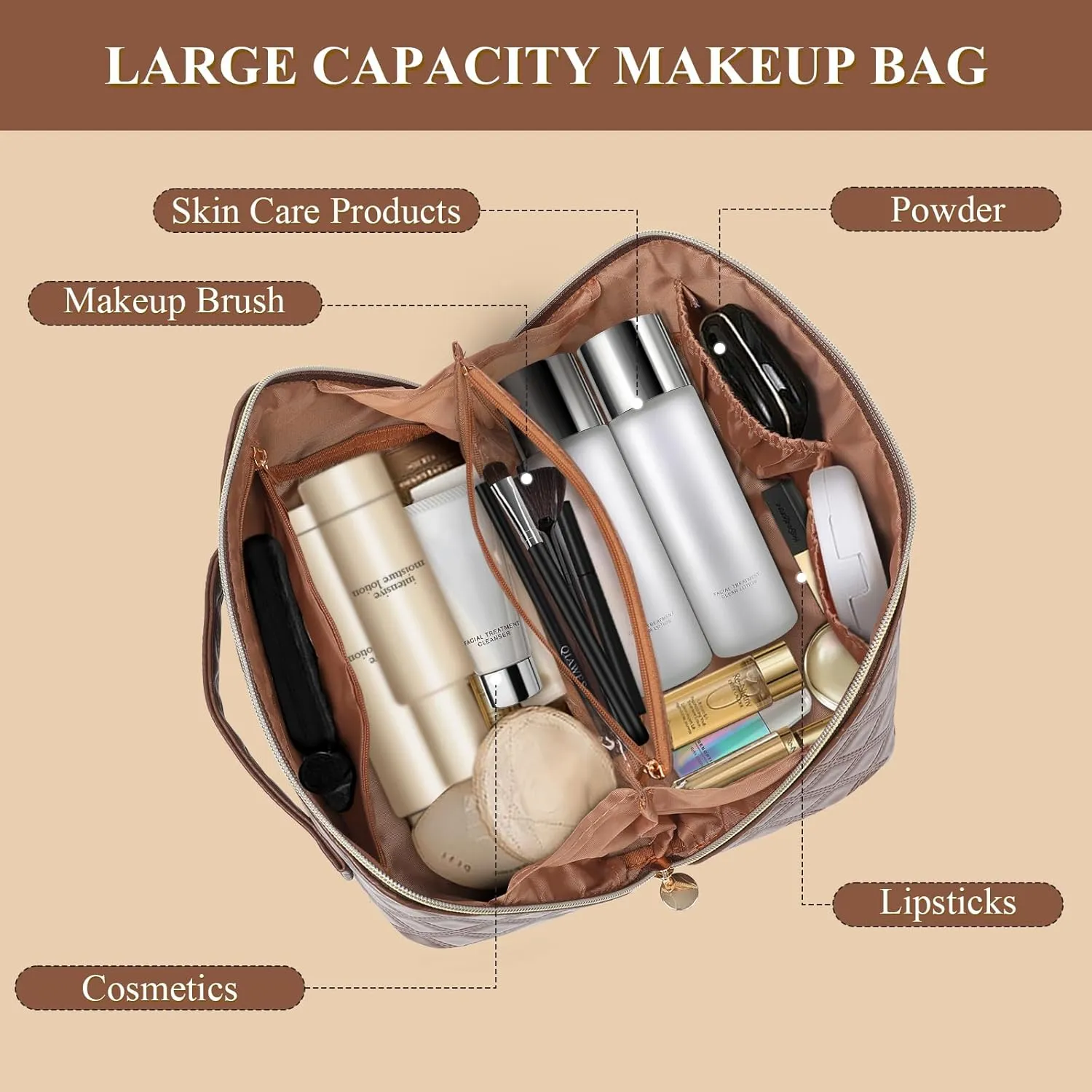 STYLIFING Travel Cosmetic Bag Large Capacity Makeup Bag for Women Portable Makeup Organizer Waterproof Leather Make Up Bag with Compartments and Handle (Dark-brown)