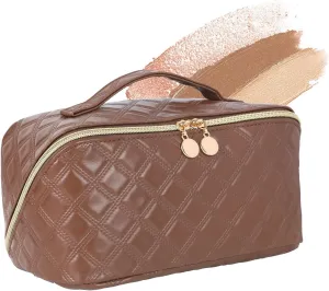 STYLIFING Travel Cosmetic Bag Large Capacity Makeup Bag for Women Portable Makeup Organizer Waterproof Leather Make Up Bag with Compartments and Handle (Dark-brown)