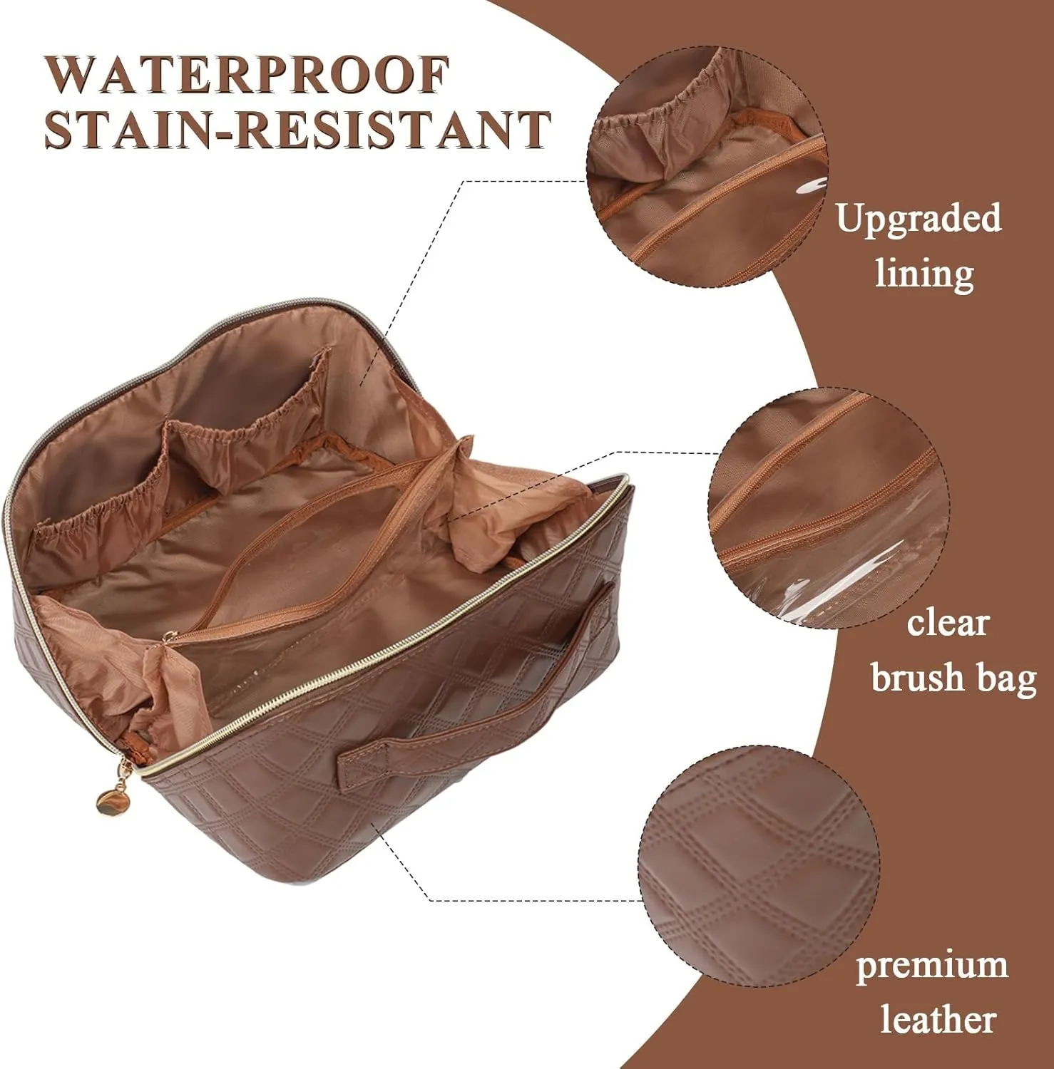 STYLIFING Travel Cosmetic Bag Large Capacity Makeup Bag for Women Portable Makeup Organizer Waterproof Leather Make Up Bag with Compartments and Handle (Dark-brown)