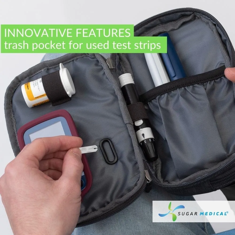 Sugar Medical Insulated Diabetes Supply Bag  Glucose Meter Case & Diabetic Organizer | Crossbody or Belt Bag for Insulin, Test Strips, Lancets & More. (Grey)