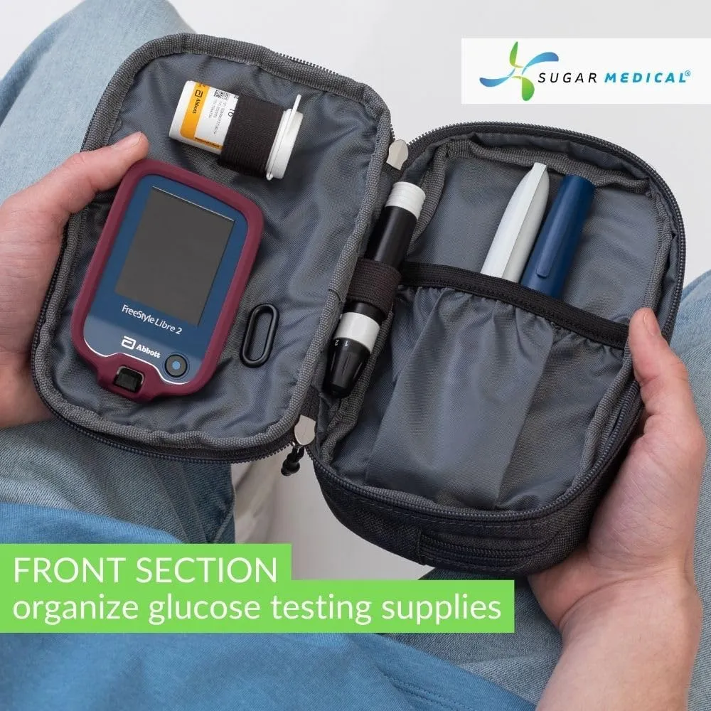 Sugar Medical Insulated Diabetes Supply Bag  Glucose Meter Case & Diabetic Organizer | Crossbody or Belt Bag for Insulin, Test Strips, Lancets & More. (Grey)