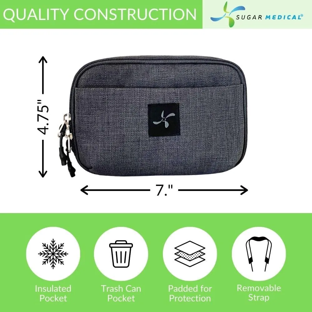 Sugar Medical Insulated Diabetes Supply Bag  Glucose Meter Case & Diabetic Organizer | Crossbody or Belt Bag for Insulin, Test Strips, Lancets & More. (Grey)