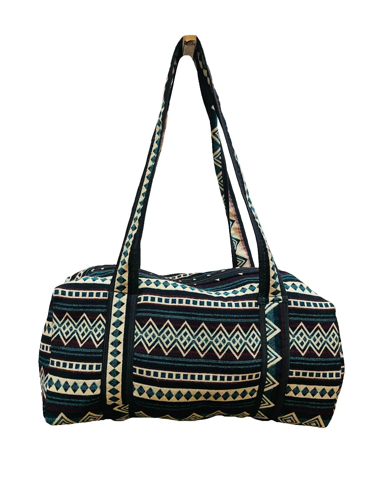Teal and Burgundy Woven Mini Duffel Bag
