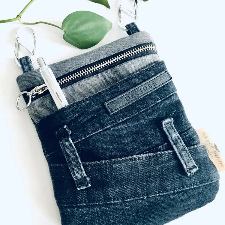 Upcycled denim convertible pocket bag - black and grey