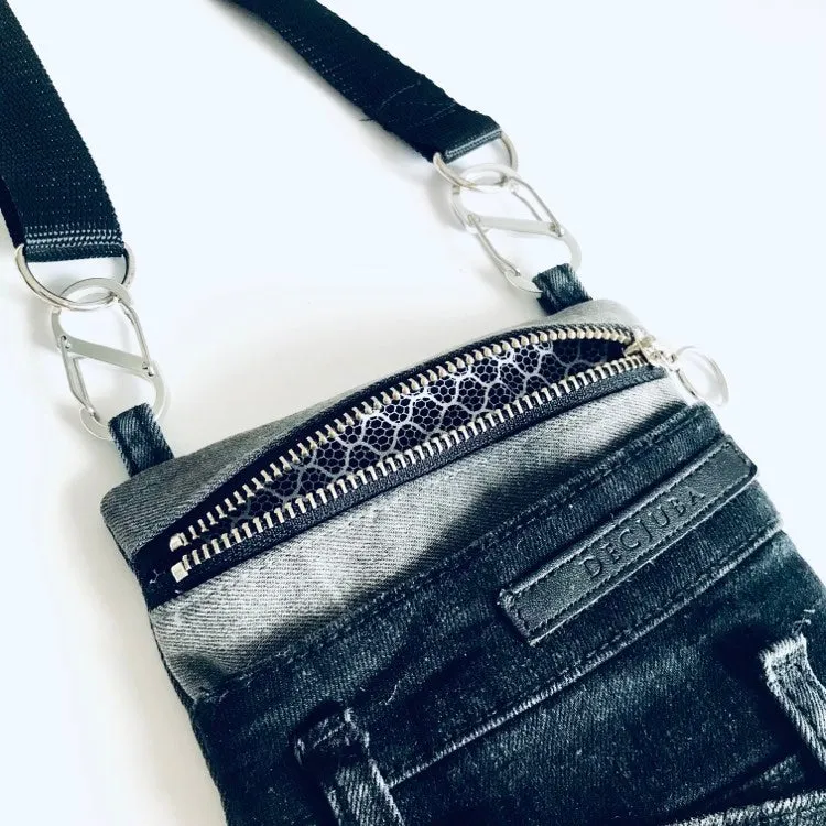 Upcycled denim convertible pocket bag - black and grey
