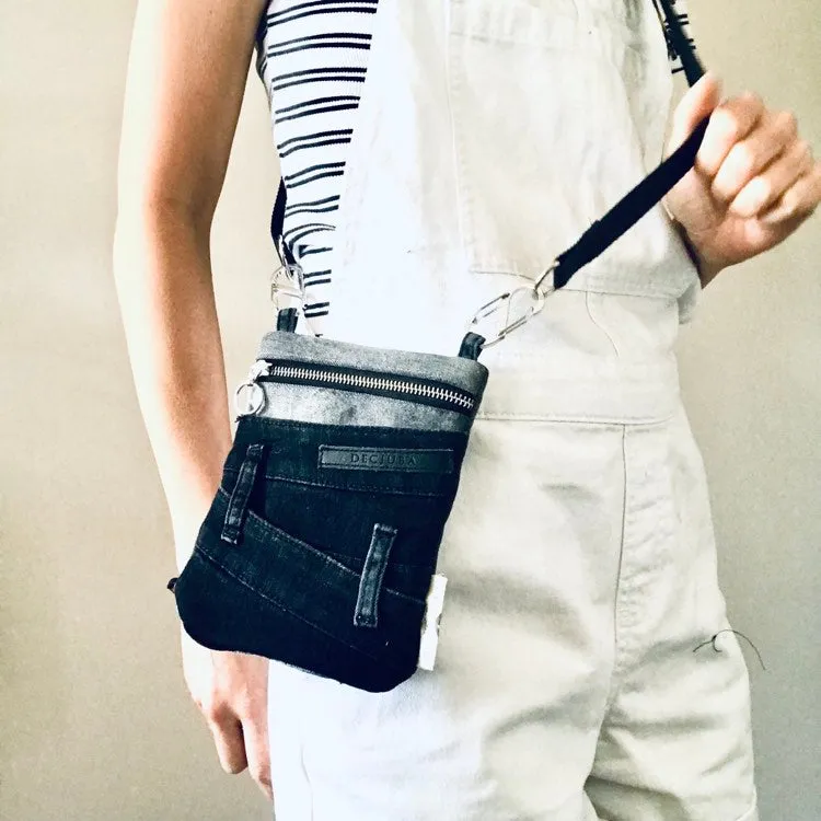Upcycled denim convertible pocket bag - black and grey