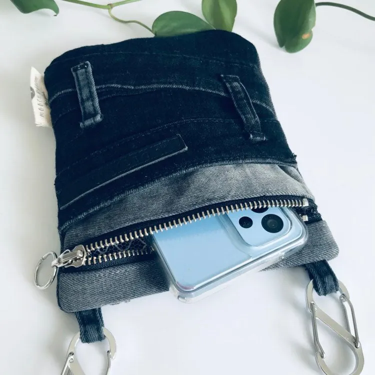 Upcycled denim convertible pocket bag - black and grey