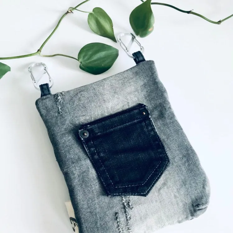 Upcycled denim convertible pocket bag - black and grey