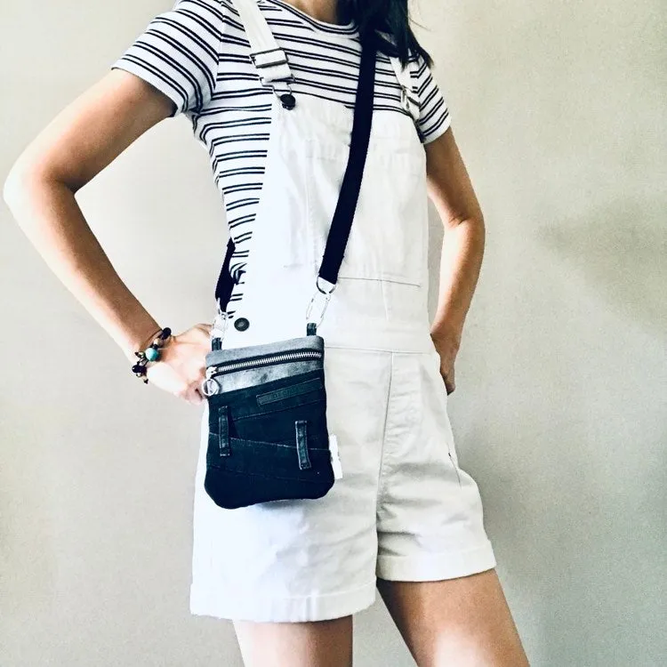 Upcycled denim convertible pocket bag - black and grey