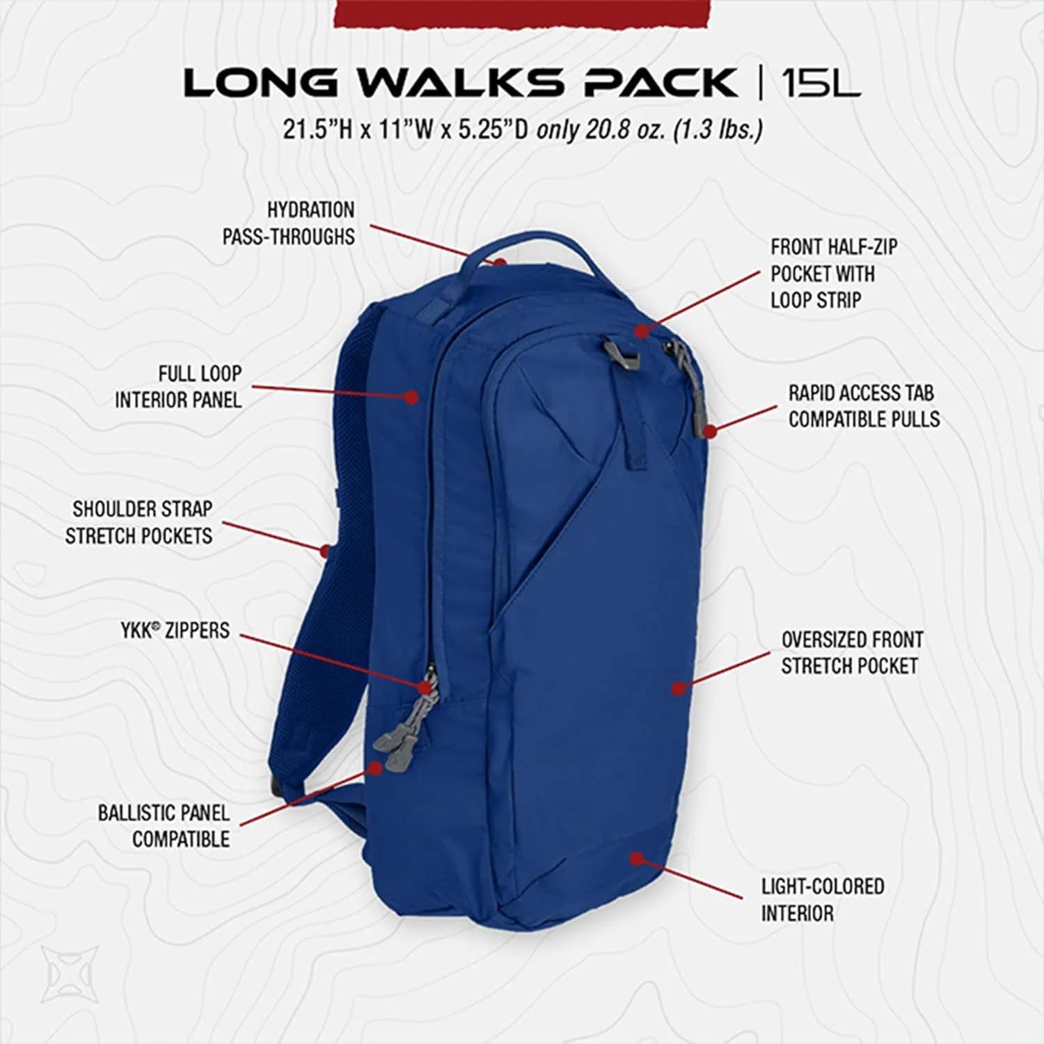 Vertx Long Walks Pack 15L Tactical Backpack Concealed Carry EDC Gear Bag for CCW, Travel, Work, Hiking, Outdoors, Royal Blue