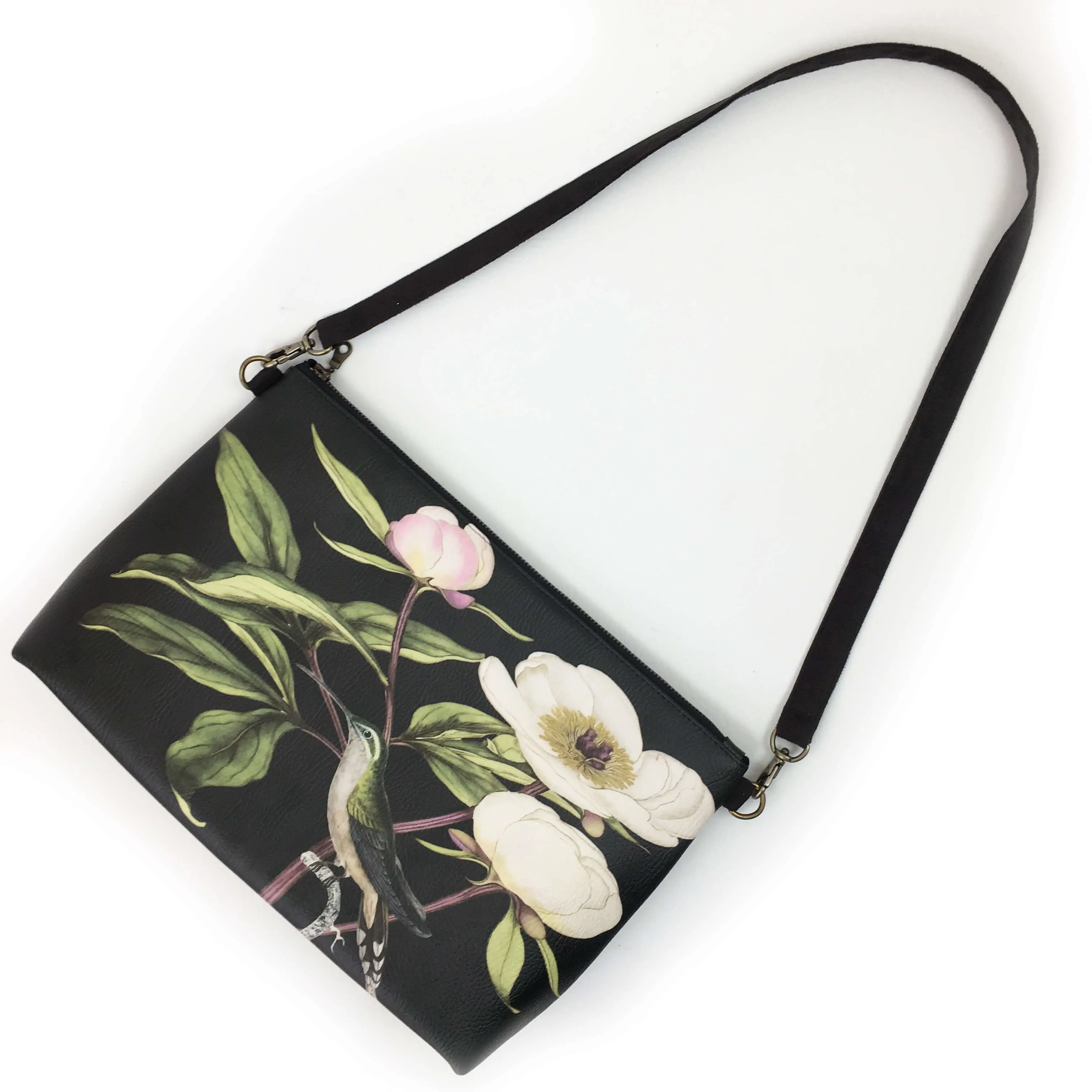 White Peonies and Hummingbird Zip Top Shoulder Bag - Vegan Leather/ Suede