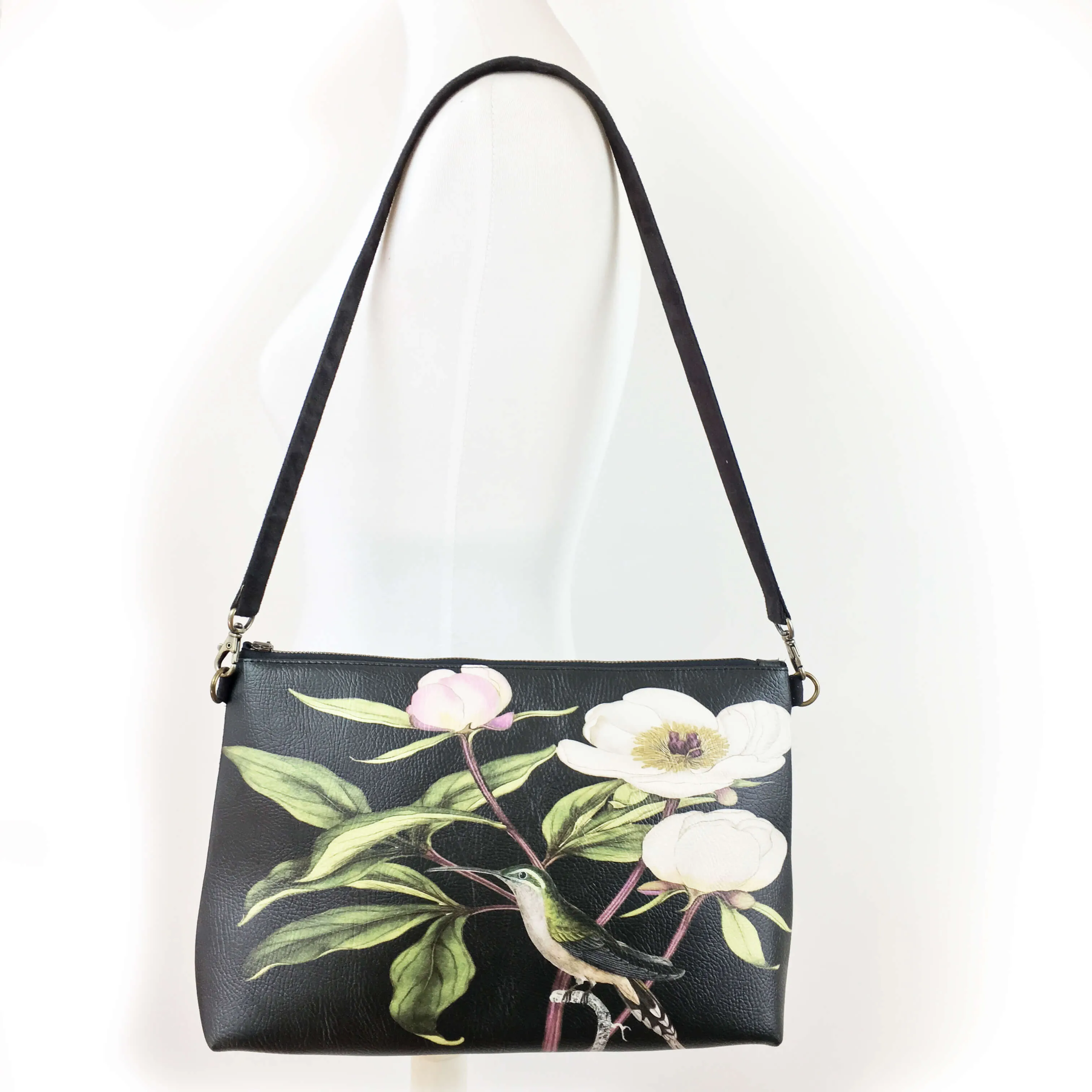 White Peonies and Hummingbird Zip Top Shoulder Bag - Vegan Leather/ Suede