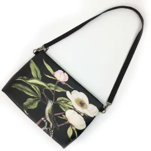White Peonies and Hummingbird Zip Top Shoulder Bag - Vegan Leather/ Suede